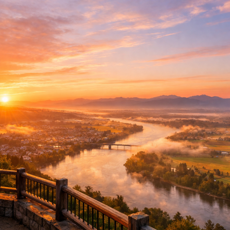 Golden sunrise over Peel River Valley and Tamworth from Oxley Lookout viewpoint