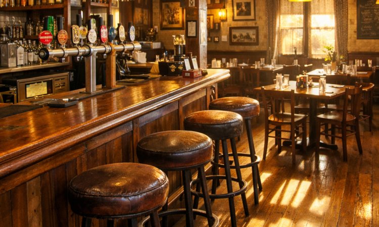 Classic Australian country pub interior in Tamworth NSW with timber bar and afternoon sunlight