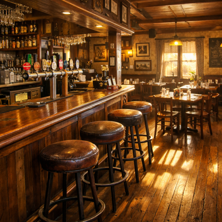 Classic Australian country pub interior in Tamworth NSW with timber bar and afternoon sunlight
