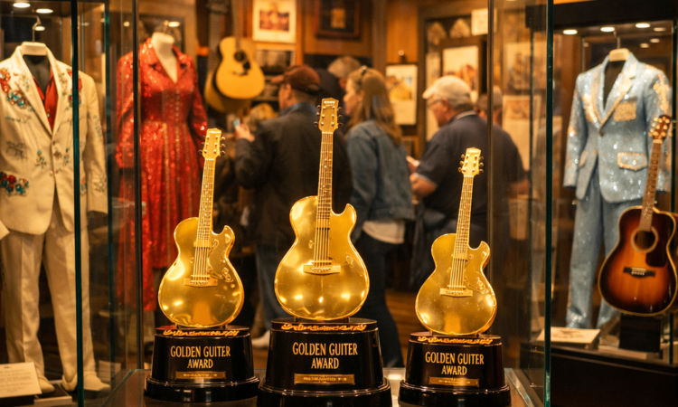 Golden Guitar trophies and country music memorabilia displayed at Australian Country Music Hall of Fame