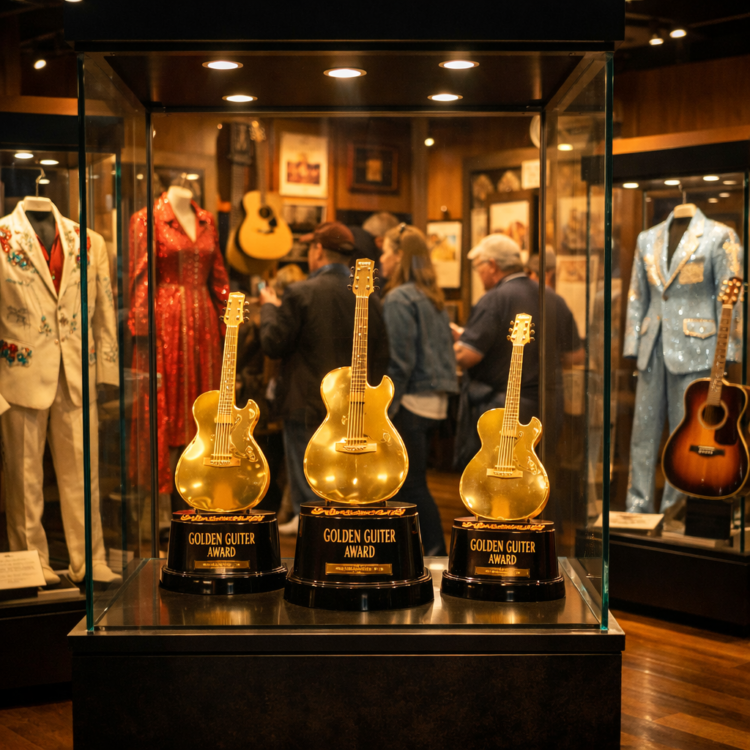 Golden Guitar trophies and country music memorabilia displayed at Australian Country Music Hall of Fame