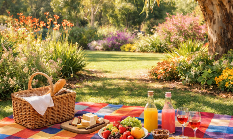 Picnic rug under shade tree at Tamworth Regional Botanic Garden with basket and food