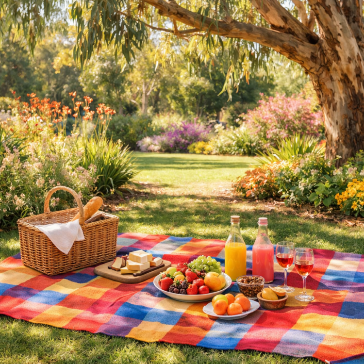 Picnic rug under shade tree at Tamworth Regional Botanic Garden with basket and food