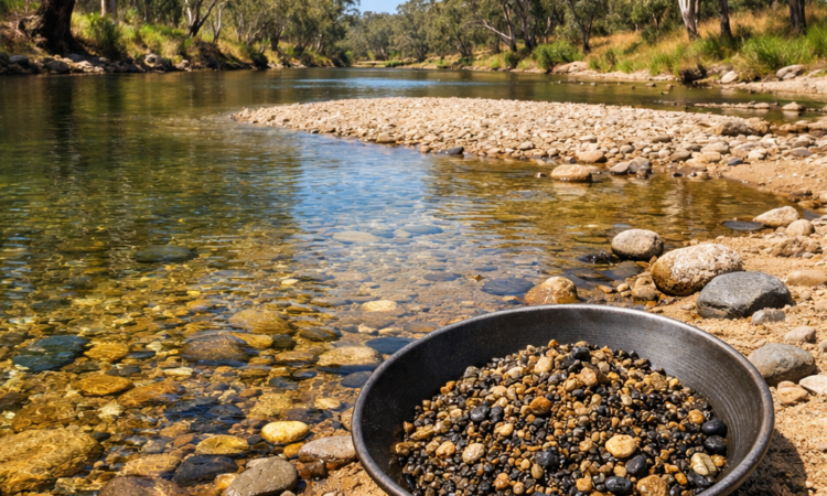 Fossicking pan with gravel on the banks of the Peel River near Tamworth NSW