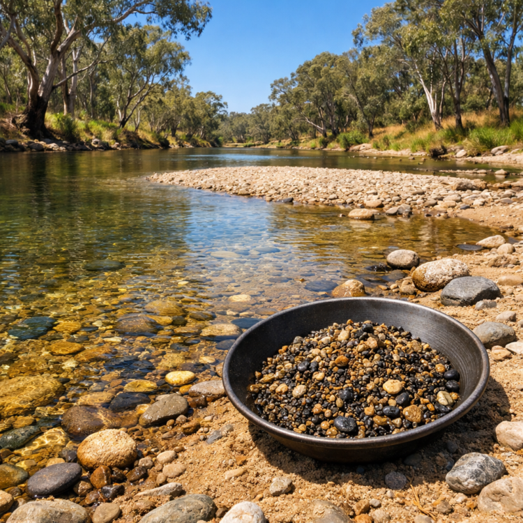 Fossicking pan with gravel on the banks of the Peel River near Tamworth NSW