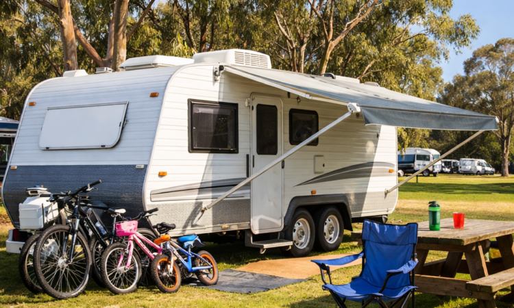 Family caravan parked at a holiday park in Tamworth NSW with camping chairs and bicycles