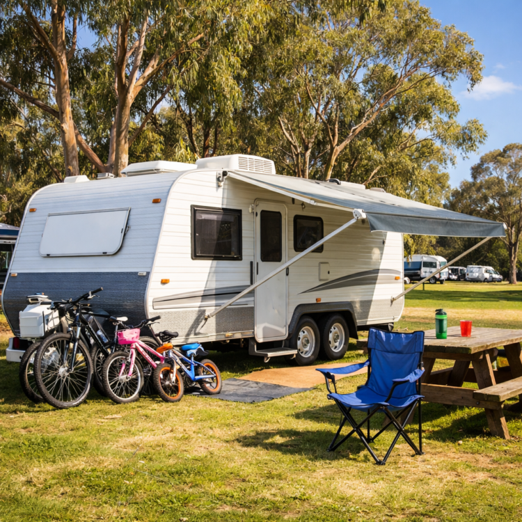 Family caravan parked at a holiday park in Tamworth NSW with camping chairs and bicycles