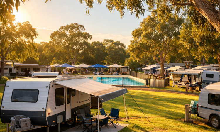 Caravan park campsite near Tamworth showing powered sites and amenities for Big Golden Guitar visitors
