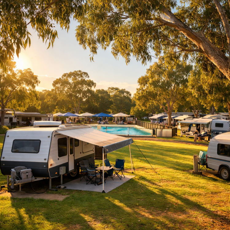 Caravan park campsite near Tamworth showing powered sites and amenities for Big Golden Guitar visitors