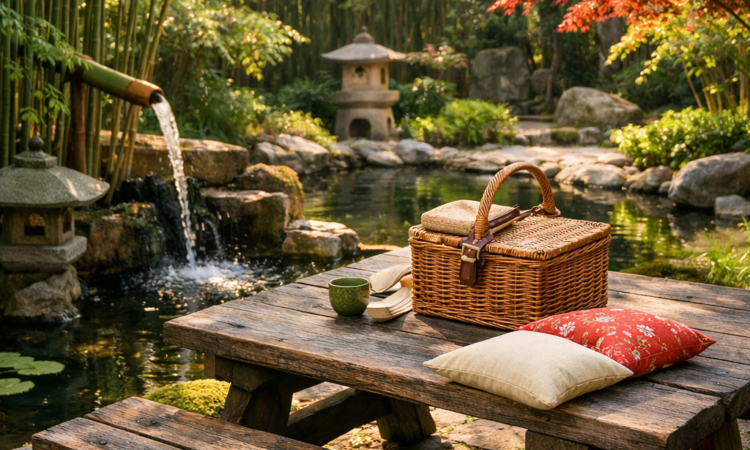 Picnic table in Asian garden at Tamworth Regional Botanic Garden with bamboo and water features