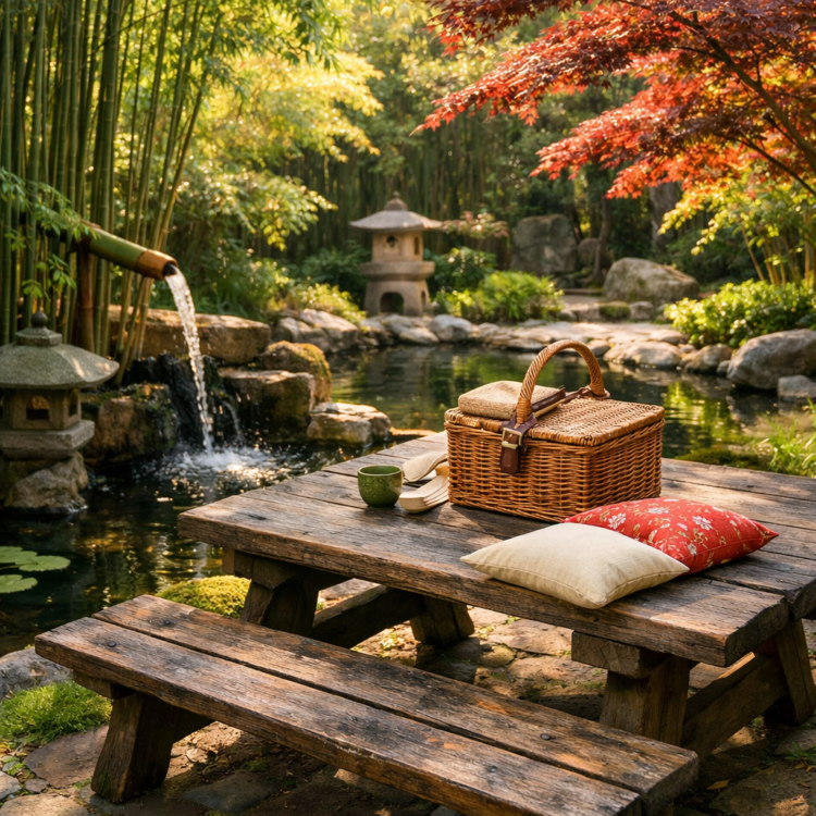 Picnic table in Asian garden at Tamworth Regional Botanic Garden with bamboo and water features