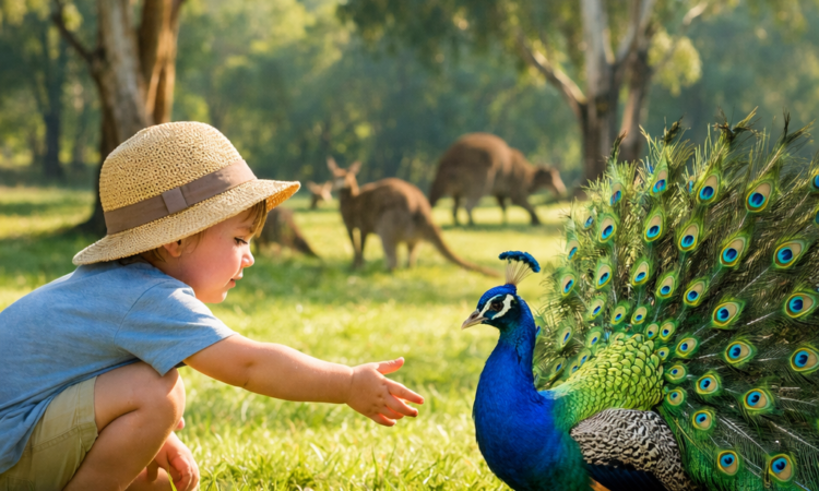 Child hand-feeding a peacock at Tamworth Marsupial Park with kangaroos in the background