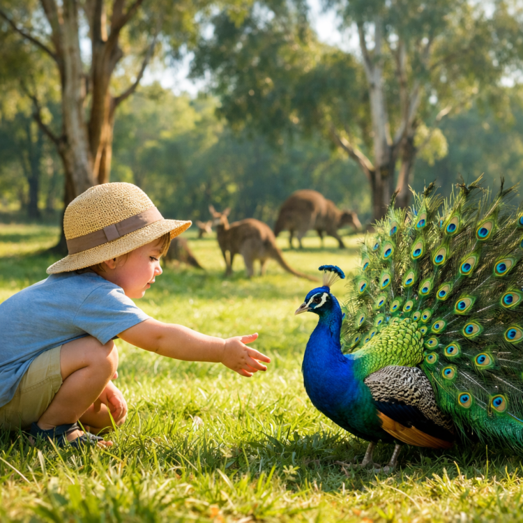 Child hand-feeding a peacock at Tamworth Marsupial Park with kangaroos in the background