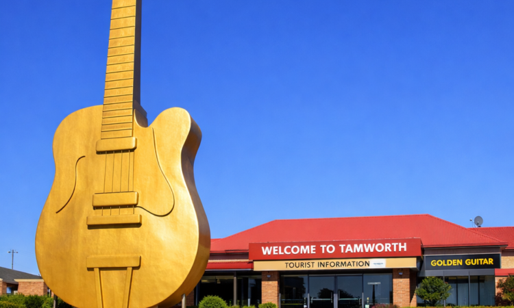 Big Golden Guitar monument in Tamworth NSW for country music weekend visitors