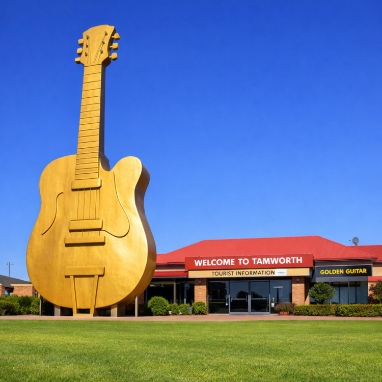 Big Golden Guitar monument in Tamworth NSW for country music weekend visitors