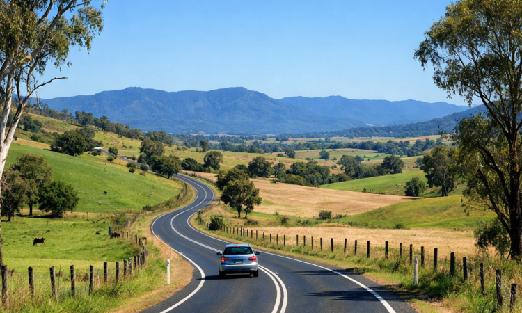 Highway driving through New England tablelands countryside approaching Tamworth NSW