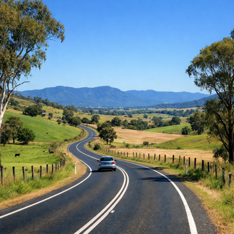 Highway driving through New England tablelands countryside approaching Tamworth NSW