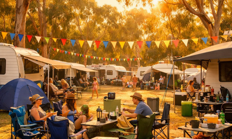 Caravan park during Tamworth Country Music Festival with tents and campervans under trees