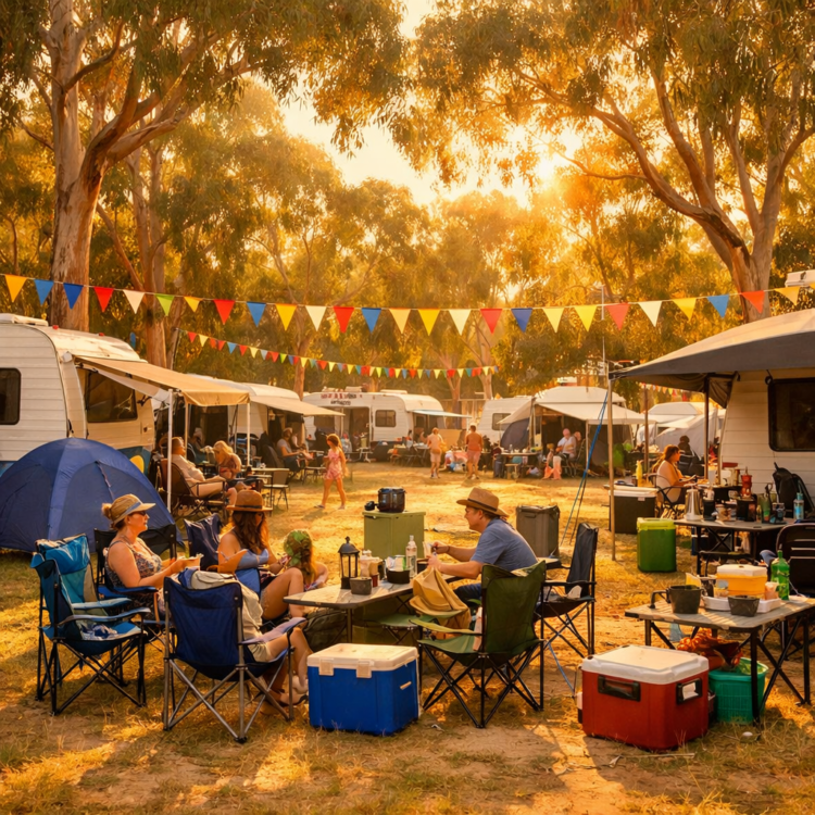 Caravan park during Tamworth Country Music Festival with tents and campervans under trees