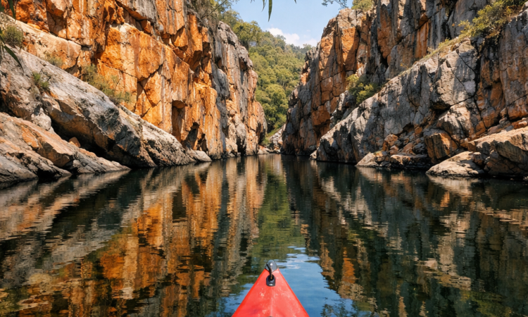 Canoe in Warrabah National Park gorge on the Namoi River with granite cliffs