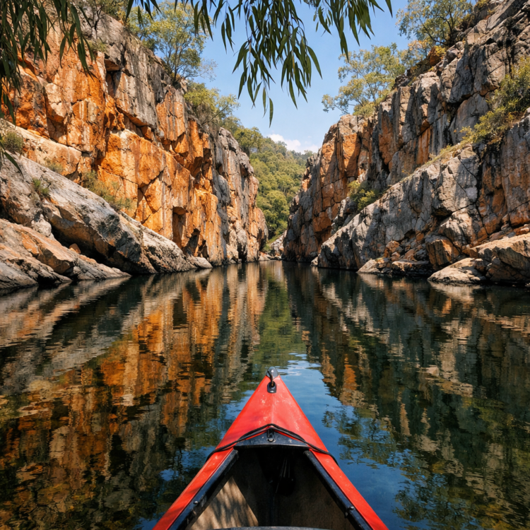 Canoe in Warrabah National Park gorge on the Namoi River with granite cliffs