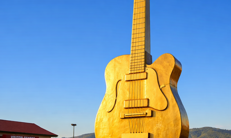 Big Golden Guitar Tamworth monument with visitor centre and valley backdrop