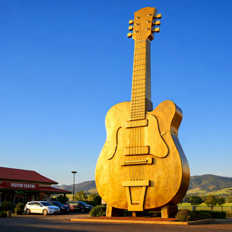 Big Golden Guitar Tamworth monument with visitor centre and valley backdrop