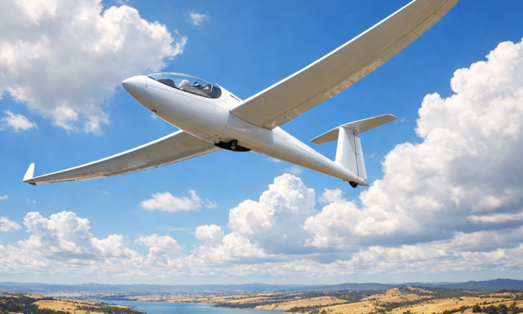 Glider sailplane soaring above Lake Keepit near Tamworth NSW on a sunny day