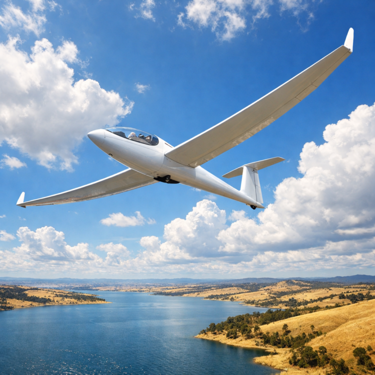 Glider sailplane soaring above Lake Keepit near Tamworth NSW on a sunny day