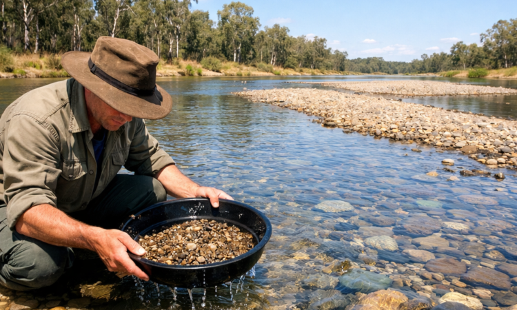 Fossicker sieving river gravel for sapphires along the Peel River near Tamworth NSW