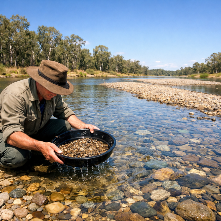 Fossicker sieving river gravel for sapphires along the Peel River near Tamworth NSW