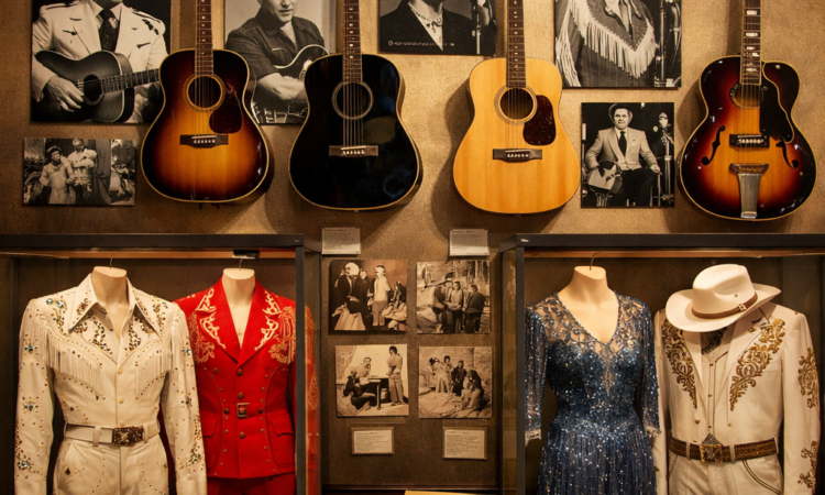 Australian Country Music Hall of Fame exhibit displays with vintage guitars and photographs