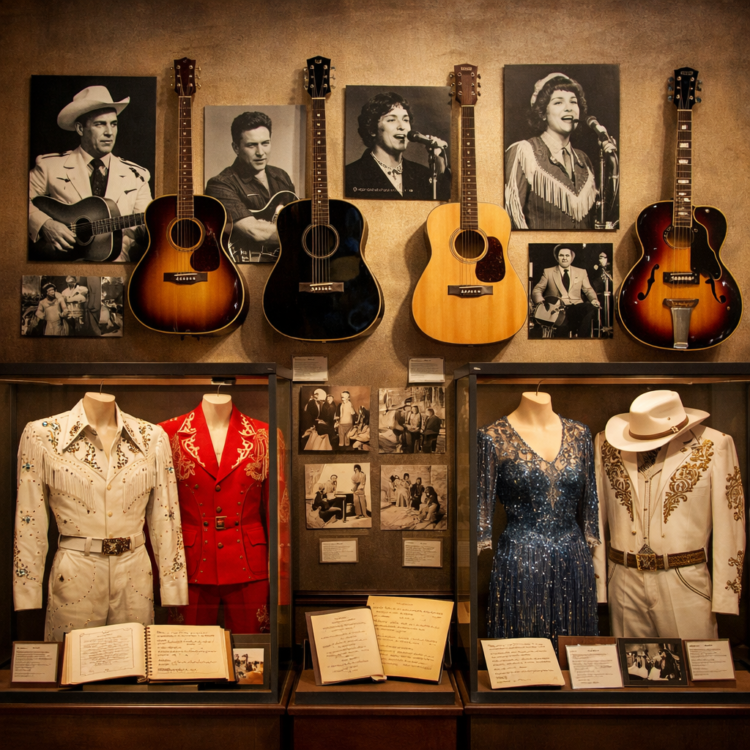 Australian Country Music Hall of Fame exhibit displays with vintage guitars and photographs