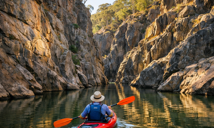 Canoeist paddling through granite gorge on Namoi River in Warrabah National Park NSW