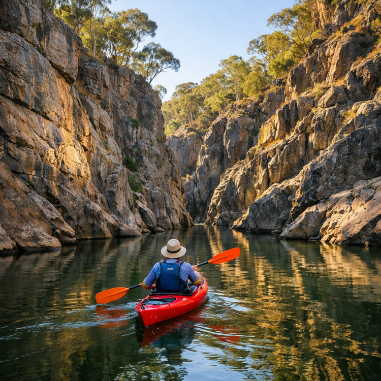 Canoeist paddling through granite gorge on Namoi River in Warrabah National Park NSW