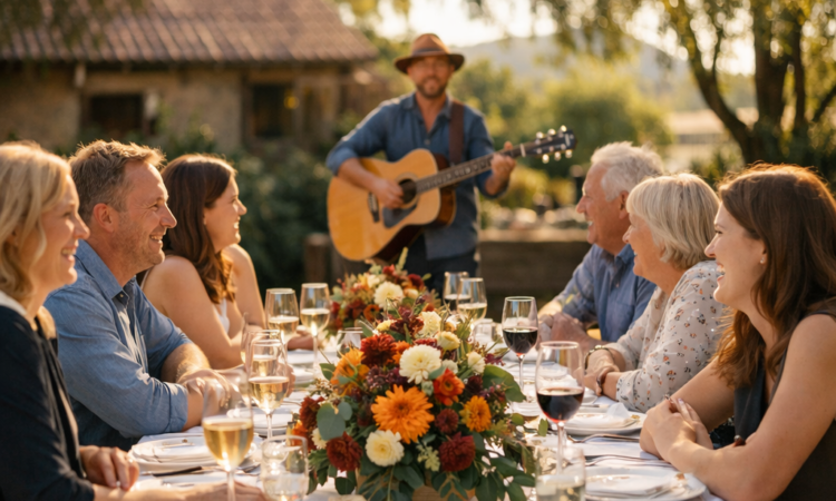 Long lunch table setting at Taste Tamworth Festival with wine glasses and live music