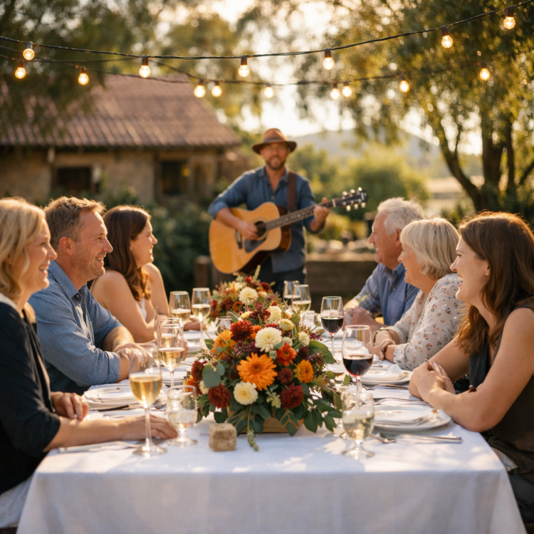 Long lunch table setting at Taste Tamworth Festival with wine glasses and live music