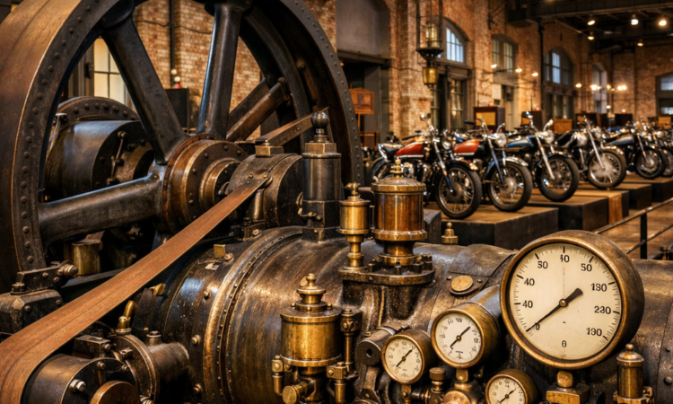 Vintage steam engines and motorcycles inside the Powerstation Museum Tamworth heritage building