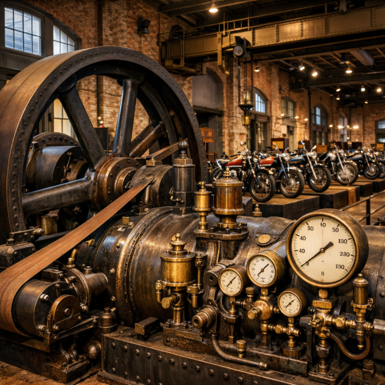 Vintage steam engines and motorcycles inside the Powerstation Museum Tamworth heritage building