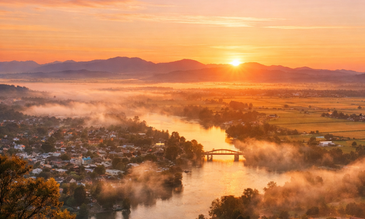 Dawn view from Oxley Lookout over Tamworth and Peel River Valley with morning mist and sunrise