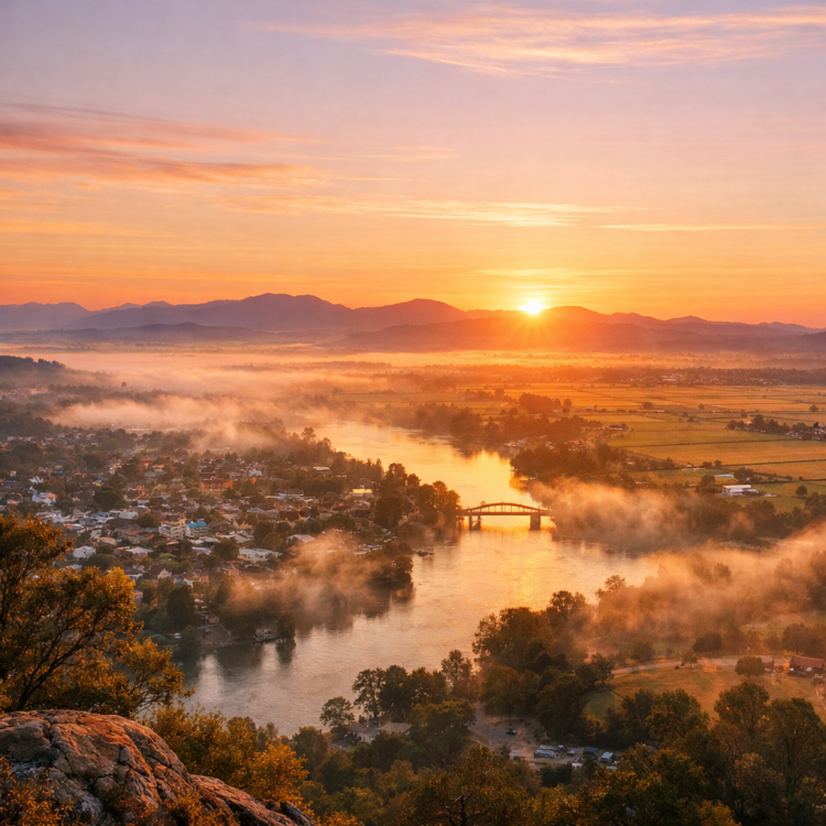 Dawn view from Oxley Lookout over Tamworth and Peel River Valley with morning mist and sunrise