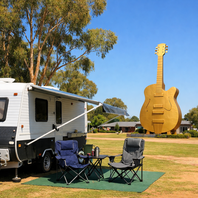 Caravan at a Tamworth holiday park near the Big Golden Guitar with camping setup
