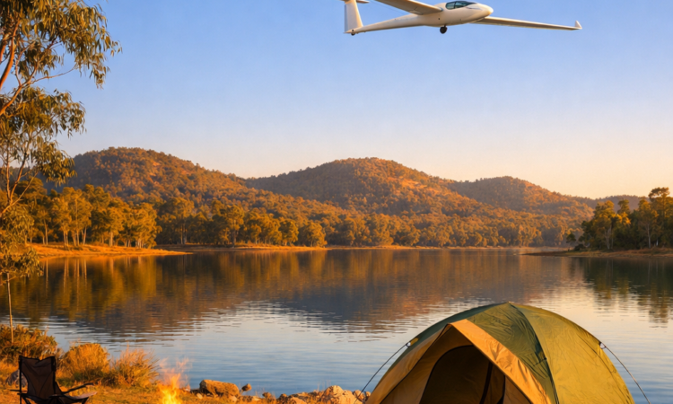 Campsite at Lake Keepit with glider overhead and calm water at sunset