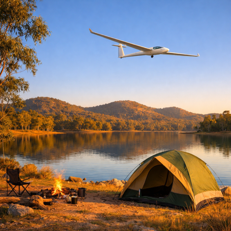 Campsite at Lake Keepit with glider overhead and calm water at sunset