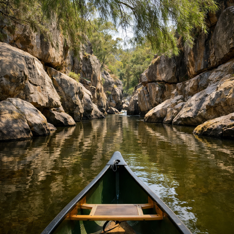 Canoe paddling through granite gorge on Namoi River in Warrabah National Park