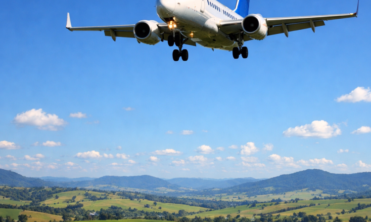Passenger plane landing at Tamworth Regional Airport over New England farmland