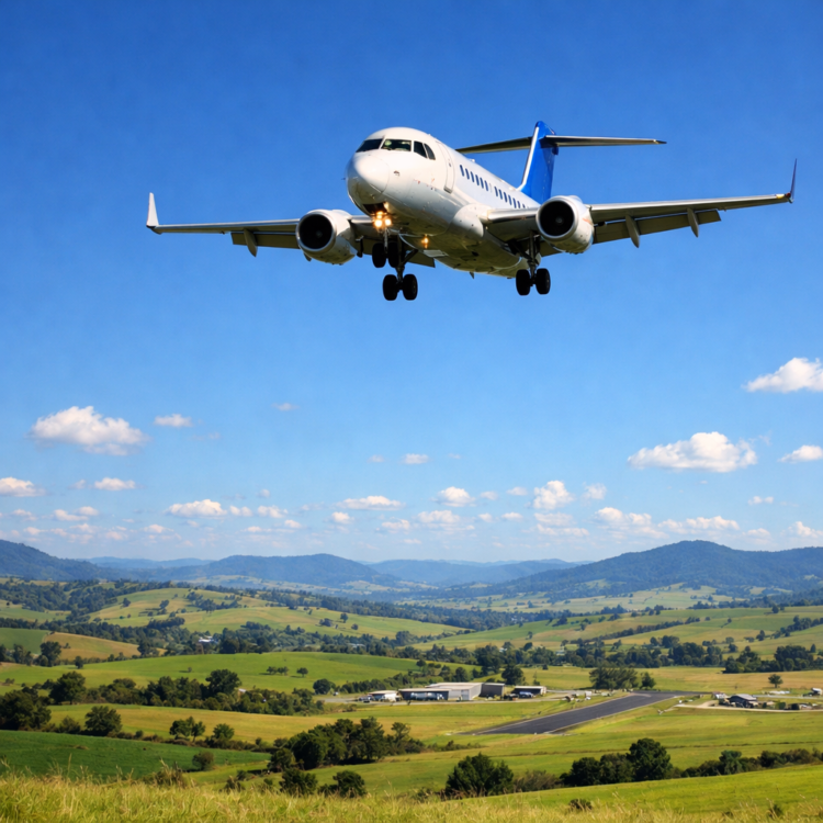 Passenger plane landing at Tamworth Regional Airport over New England farmland