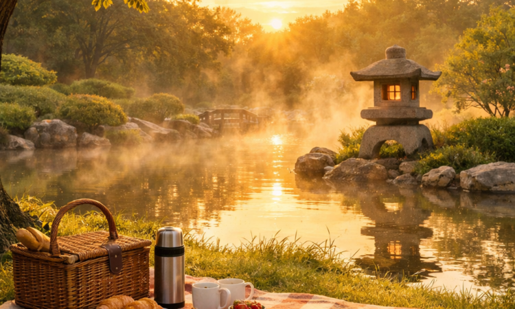 Morning picnic setup at Tamworth Regional Botanic Garden with blanket near pond and trees