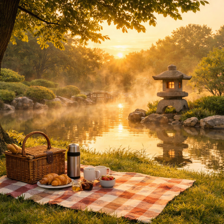 Morning picnic setup at Tamworth Regional Botanic Garden with blanket near pond and trees
