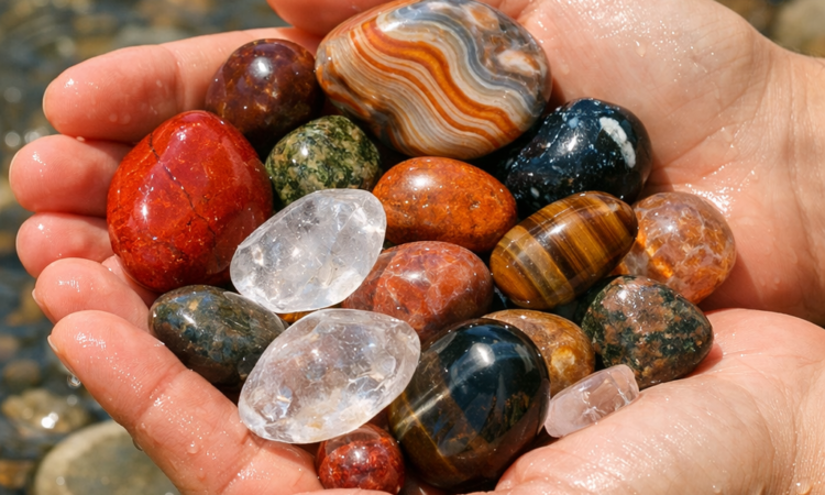 Hands holding colourful river stones found while Peel River fossicking near Tamworth NSW